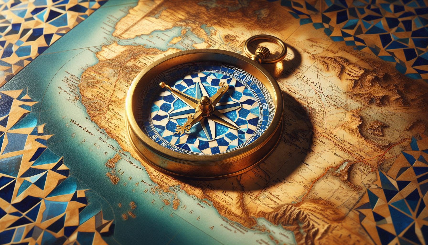 An antique brass compass rests on hand-drawn maps of Andalusia and Northern Morocco, overlaid with zellige patterns - symbolizing navigation through cultural memory.