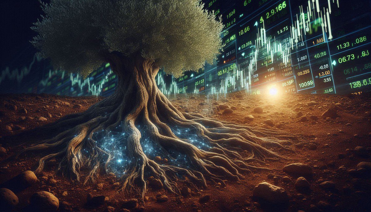 The deep, resilient roots of an ancient olive tree intertwined with glowing digital financial charts, symbolizing the stable, asset-based Olive Grove Economy.
