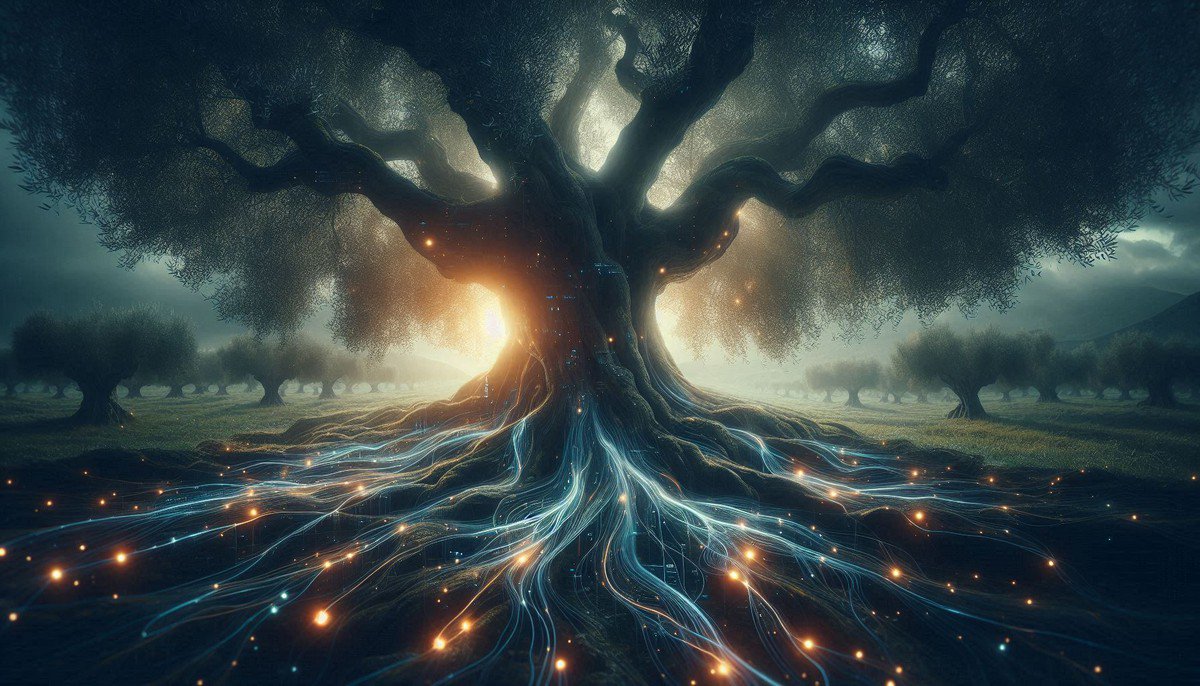 A majestic, ancient olive tree at twilight with glowing data streams flowing through its roots and branches, representing the Olive Tree Oracle protocol for ethical AI.