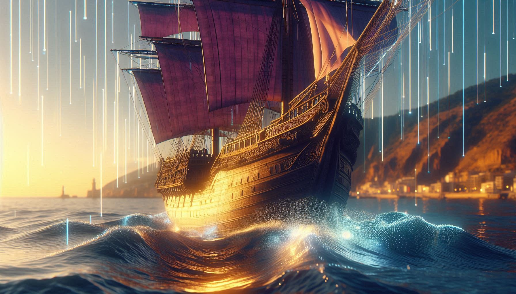 Phoenician ship sailing on digital blockchain nodes, fusing ancient trade and modern tech.