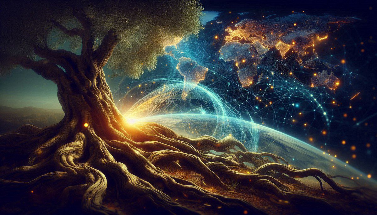 Symbolic art of ancient olive tree roots transforming into a glowing digital network, representing the core concept of Rooted Nomadism.