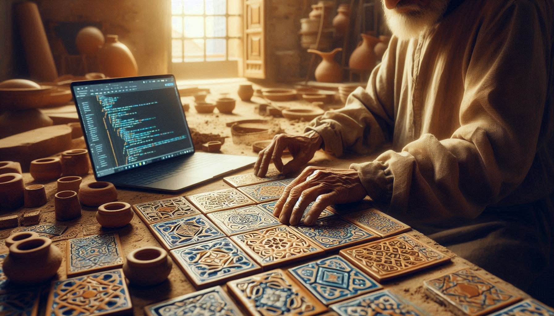 Aged Moroccan artisan hands placing geometric zellige tile with open laptop in background - fusion of ancestral craft and modern technology.
