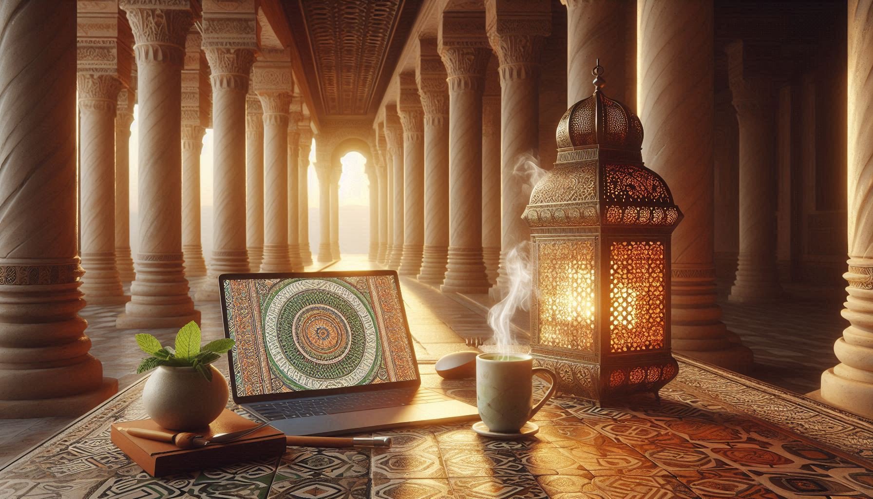 Laptop beside mint tea under Roman columns with zellige patterns - ancient serenity meets digital focus.