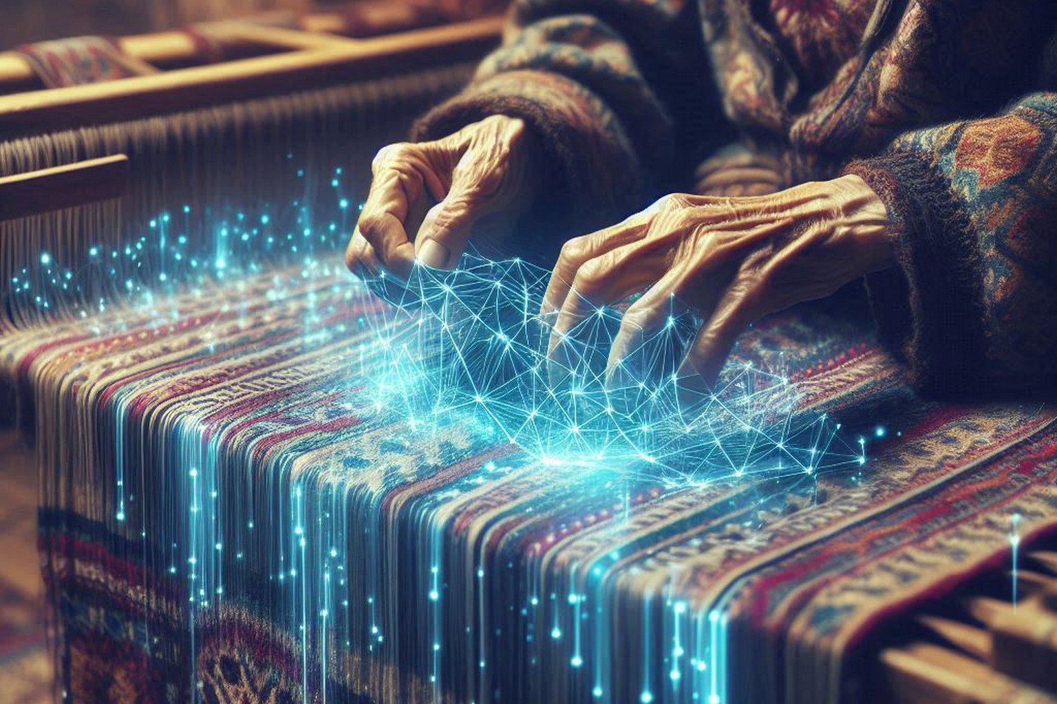 The hands of an Amazigh woman weaving a complex, symbolic pattern on a traditional loom, with glowing digital data streams emerging from the threads.