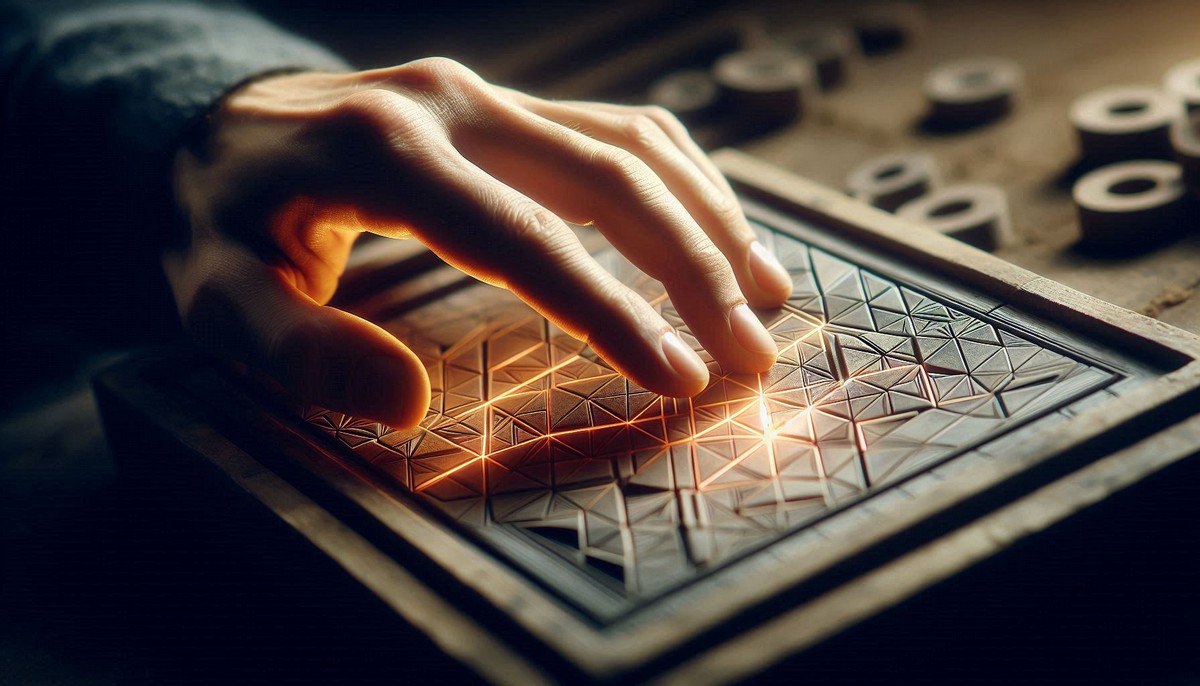 A master artisan's hand placing a glowing zellige tile that transforms into a modern digital interface, symbolizing the Zellige Blueprint for soulful productivity.