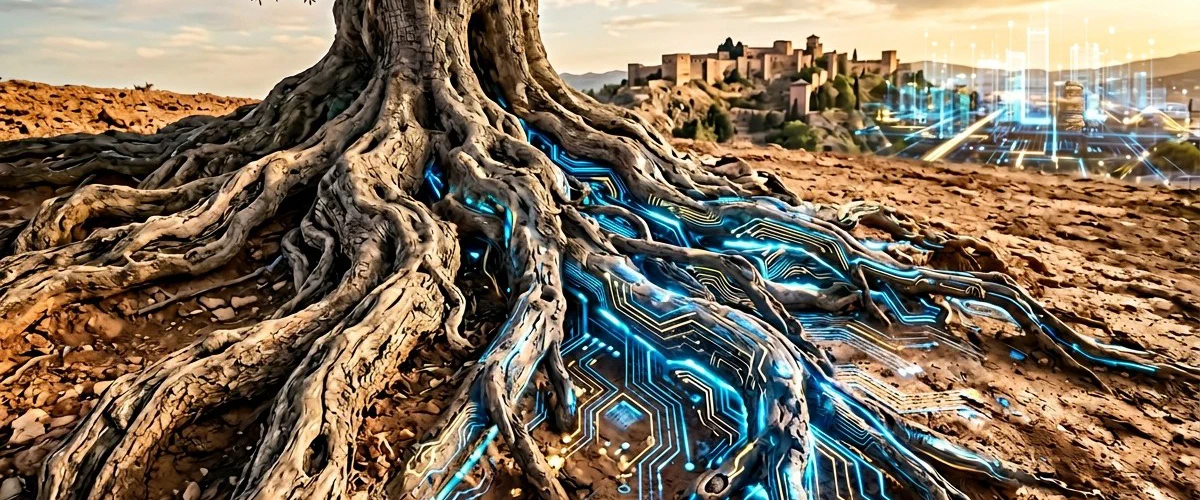 Mediterranean landscape where ancient olive roots transform into glowing digital circuits, symbolizing the Mediterranean Codex relocation system – rooted wisdom meeting digital sovereignty.