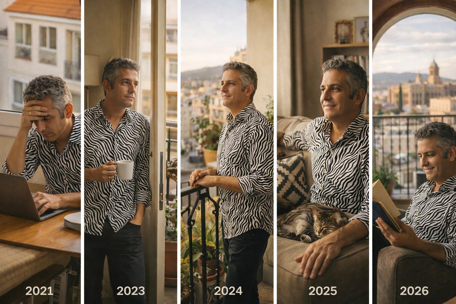 Five panels showing the same nomad's journey through Málaga's neighborhoods from 2021 to 2026