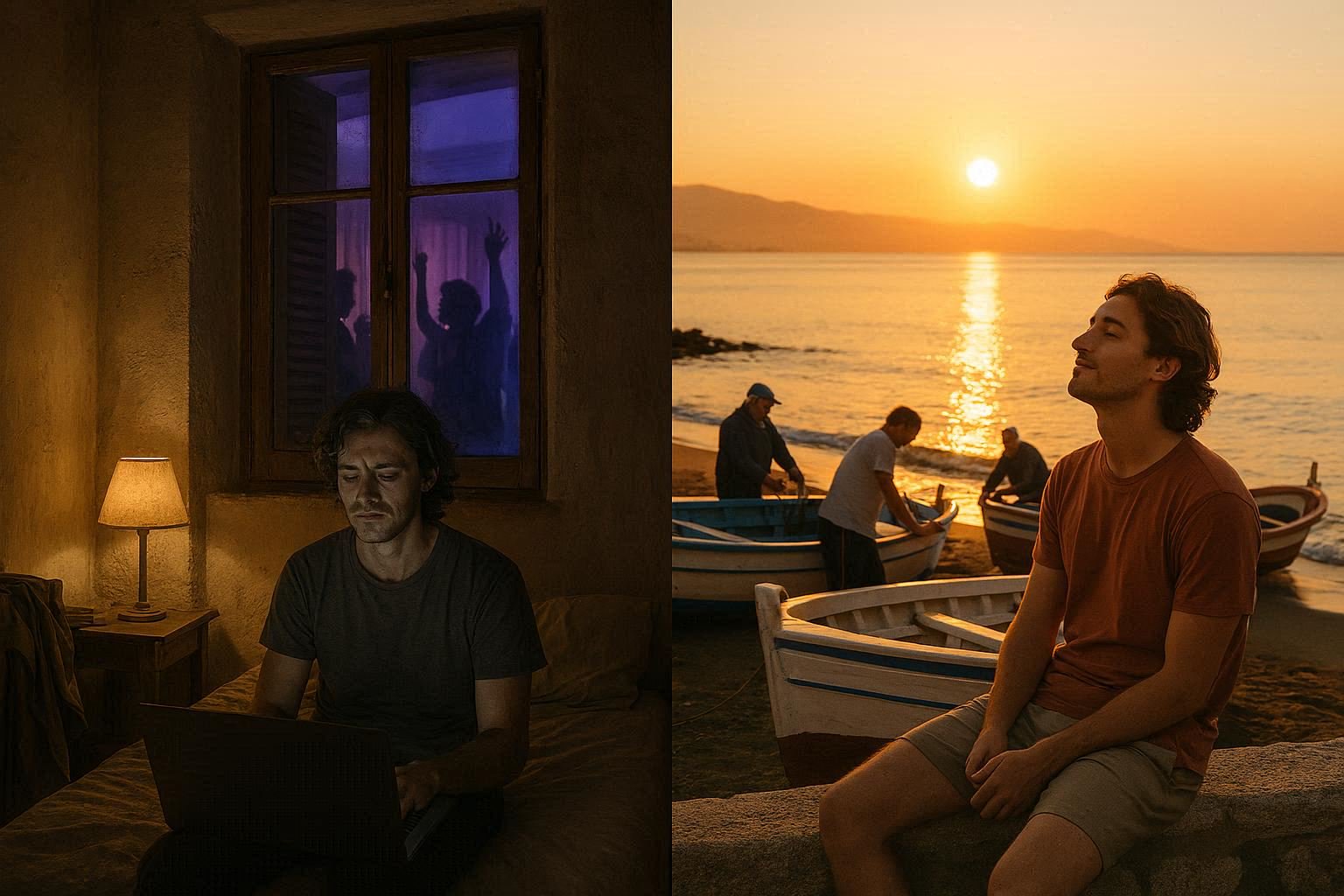 Split diptych: cramped Gothic Quarter apartment at 2 AM with vibrating walls, exhausted nomad at laptop; same person relaxed at Pedregalejo sunrise with fishermen.