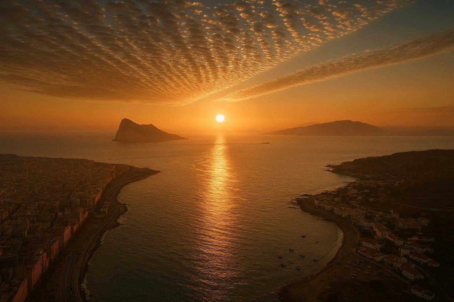 Cinematic aerial view of Barcelona's dense coast and Málaga's calm fishing village at golden hour, separated by the Strait of Gibraltar with sardine-shaped clouds.