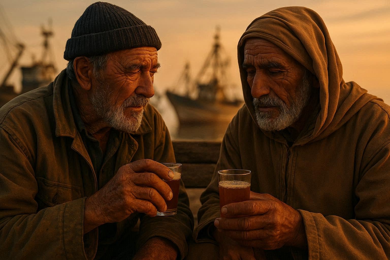 Weathered Spanish fisherman and Moroccan nomad sharing mint tea at dawn in Málaga, representing cross-cultural human connection and the Human Constellation framework.