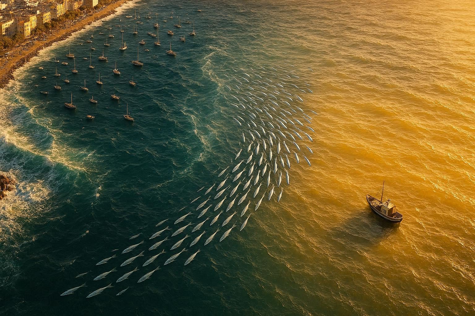 Aerial view of sardines swimming between Barcelona's turbulent coast and Málaga's calm shore, symbolizing the Algorithmic Sardine philosophy for 2026 nomads.