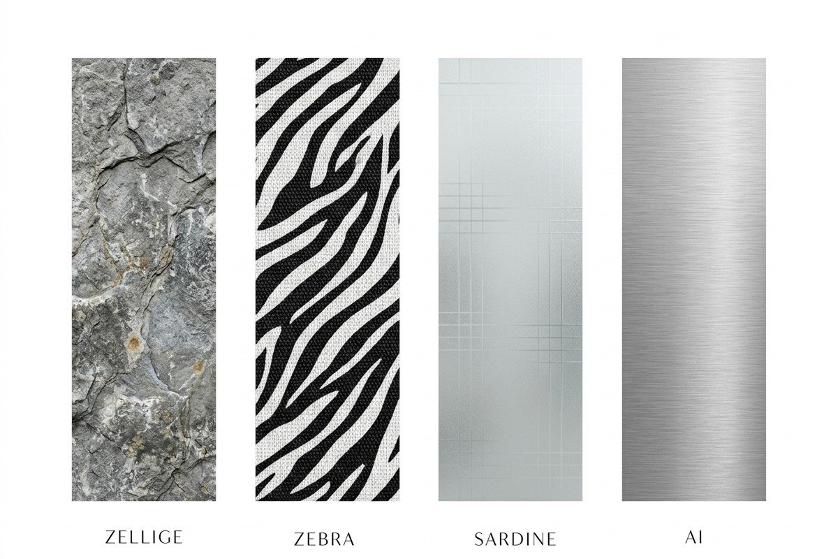 Four vertical columns with distinct textures (stone, fabric, glass, metal) labeled Zellige, Sardine, Zebra, AI – the four pillars of the Mediterranean Codex.