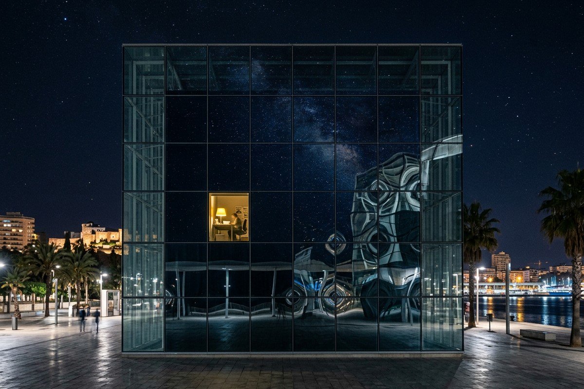 Night photograph of a contemporary glass building in Málaga, its facade reflecting a distorted starry sky, a single warm light visible inside – technology as shelter.