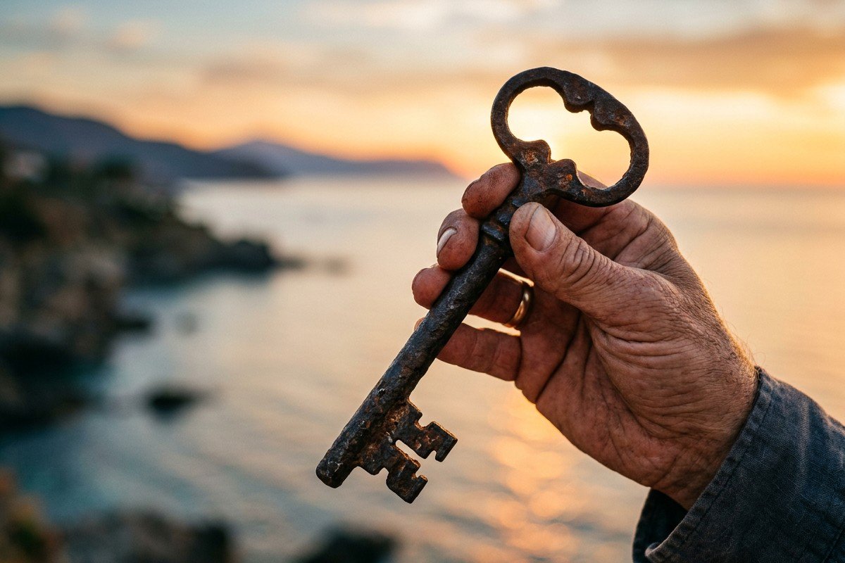 A weathered hand holding an ancient wrought-iron key in sharp focus, with a soft Mediterranean sunset in the background – the invitation to anchor and belong.