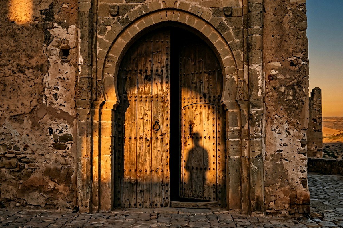 Massive weathered wooden door of Málaga’s Alcazaba slightly open, golden light tracing its edge, a blurred human shadow on the wood, interior dark – symbolizing the threshold of belonging.
