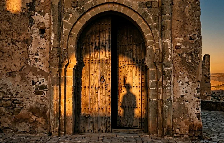Massive weathered wooden door of Málaga’s Alcazaba slightly open, golden light tracing its edge, a blurred human shadow on the wood, interior dark – …