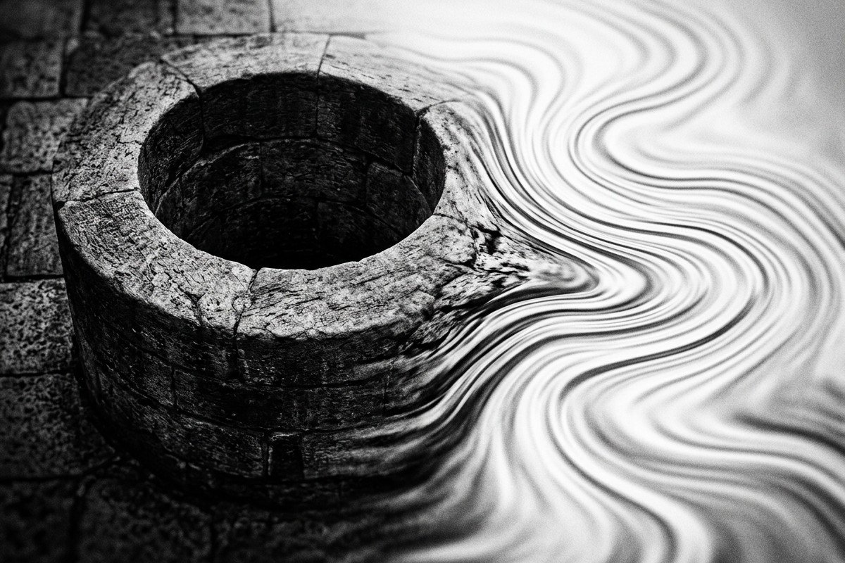Abstract black and white composition blending the shape of a stone well with the flowing lines of a river, symbolizing stillness and movement, depth and flow.