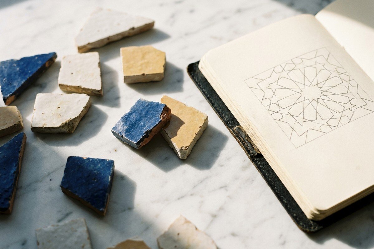 Fragments of hand-cut Moroccan zellige tiles arranged on white marble with an open notebook showing a geometric sketch – representing intentional composition and resilience.