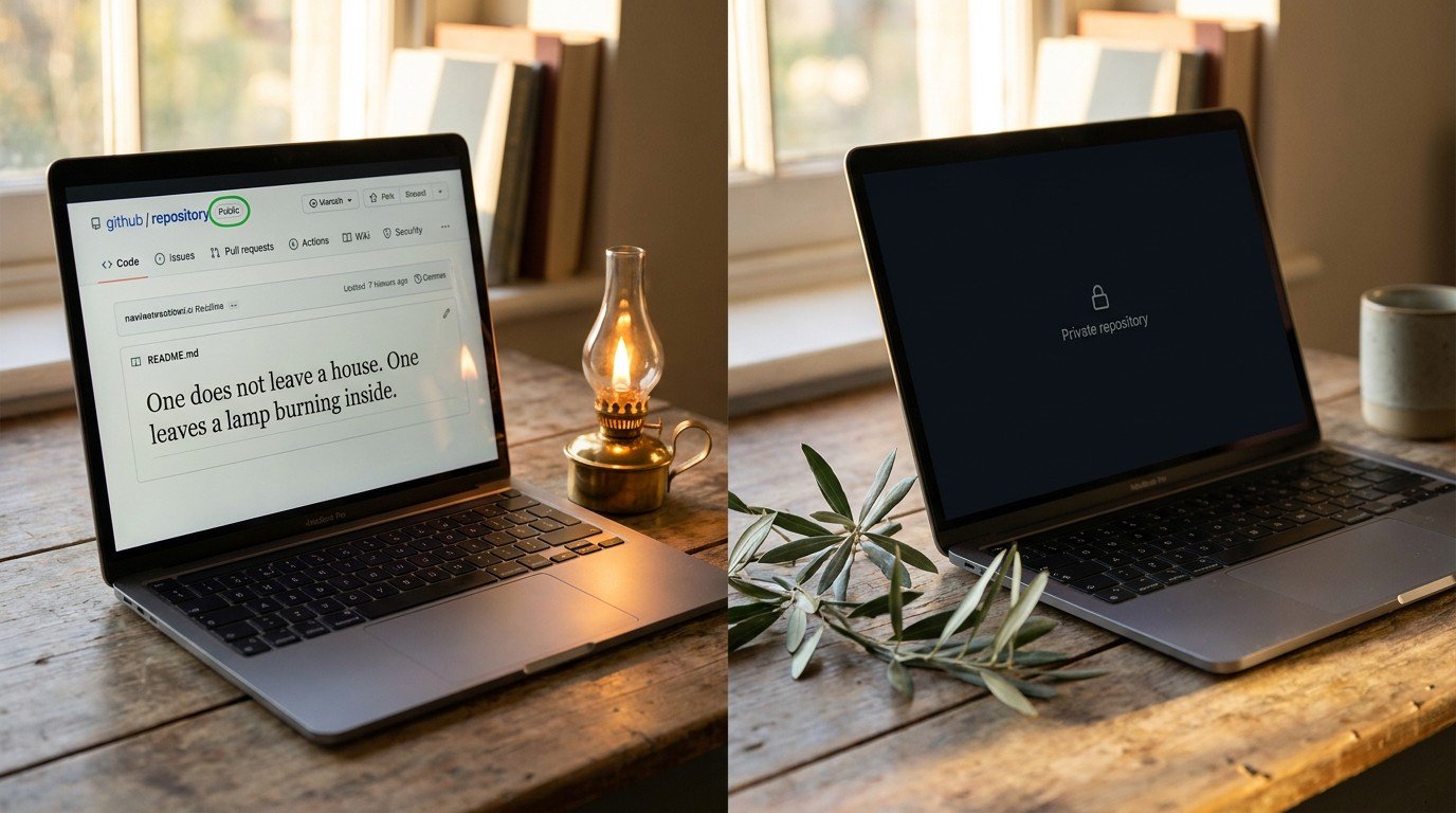 A diptych: on the left, a public GitHub repository page whose README opens with a handwritten-style quote; on the right, a private repository marked with a small lock icon. Both screens share the same desk, suggesting continuity between old and new.