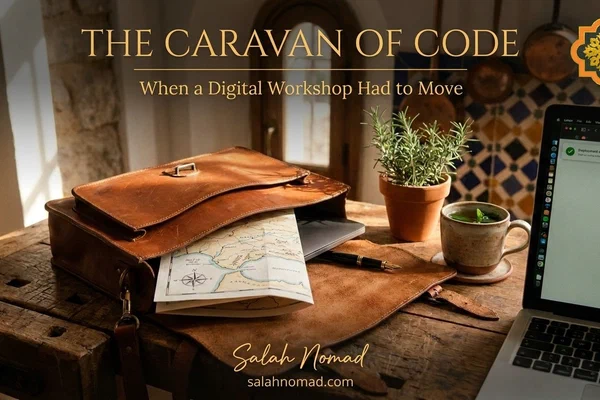 A weathered leather satchel open on a wooden workbench, revealing a map of Málaga, a fountain pen, and a laptop displaying a green 'Deployment successful' message, warm Mediterranean light streaming through a workshop window.