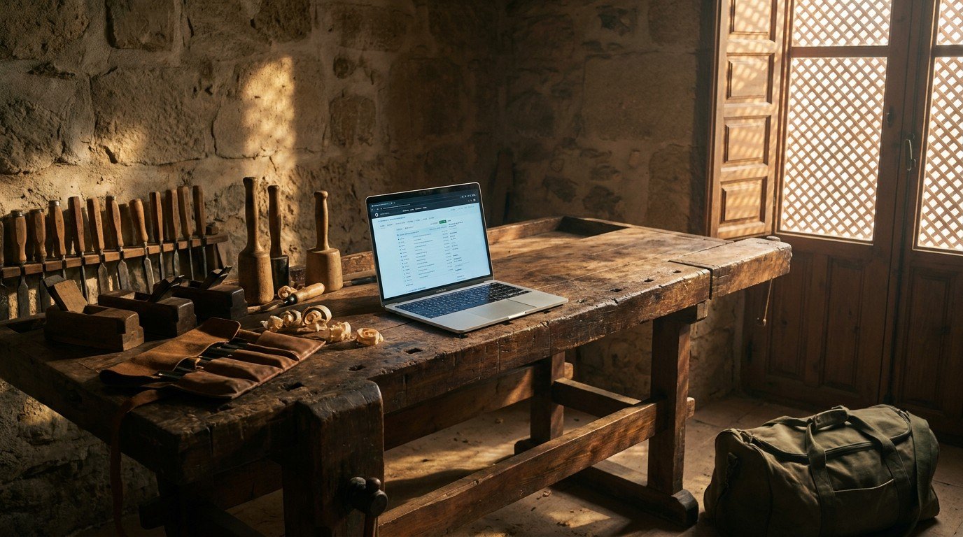 A wooden workbench in a Málaga workshop, half-packed: tools neatly arranged on one side, empty space on the other. A laptop sits open in the middle, displaying a GitHub repository page. Warm afternoon light casts long shadows.