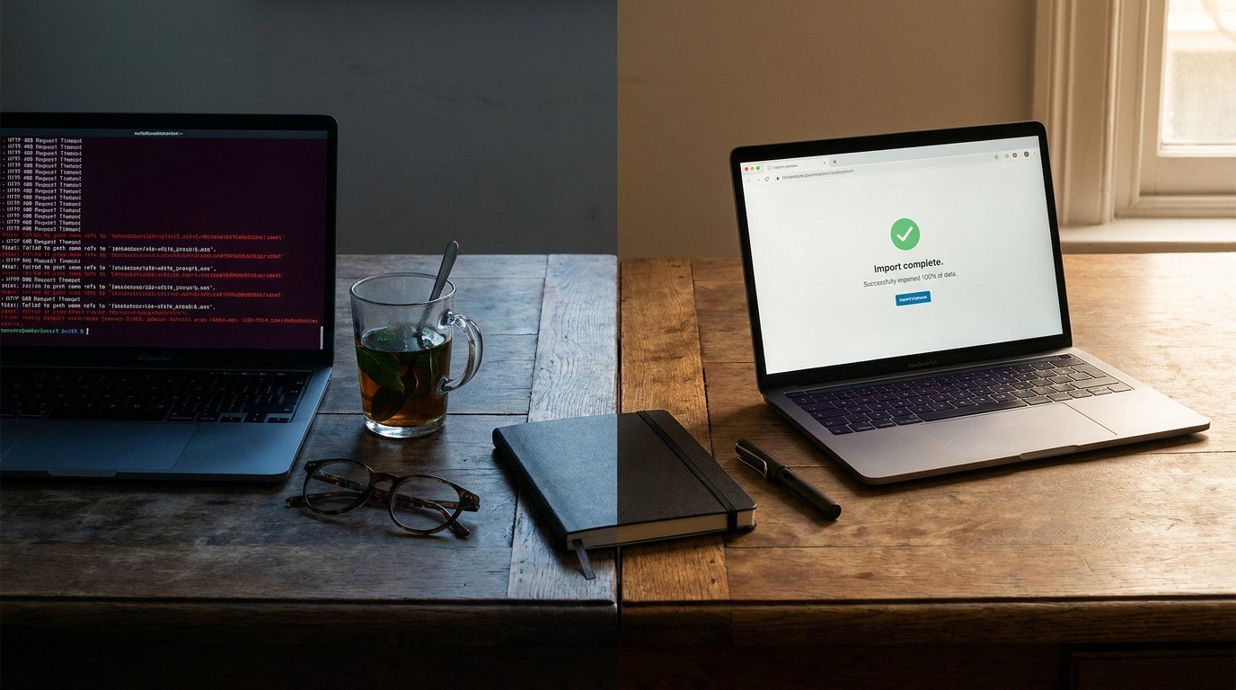 A split view: on the left, a terminal window showing a failed git push with an 'HTTP 408' error; on the right, a browser window showing a green 'Import complete' message. Both screens share the same desk, suggesting a transition from frustration to solution.