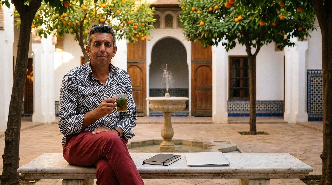 Salah, a man in his mid-40s wearing a classic zebra-striped shirt, sits on a marble bench in a sun-drenched Andalusian courtyard, holding a glass of mint tea. A closed Moleskine notebook rests beside him; a closed laptop sits in the background. Golden Mediterranean light envelops the scene.