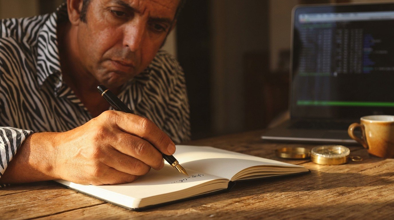 Close-up of a hand holding a fountain pen over a Moleskine notebook, the pen hovering above a line that reads 'ghp_...' but not yet writing it. A blurred laptop glows in the background, suggesting a moment of hesitation before a decision.