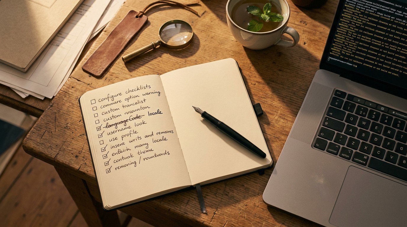 A terminal window showing Hugo build output with deprecation warnings highlighted in yellow. Beside it, a Moleskine notebook with a checklist of corrections, each item checked off, a fountain pen resting on the page.