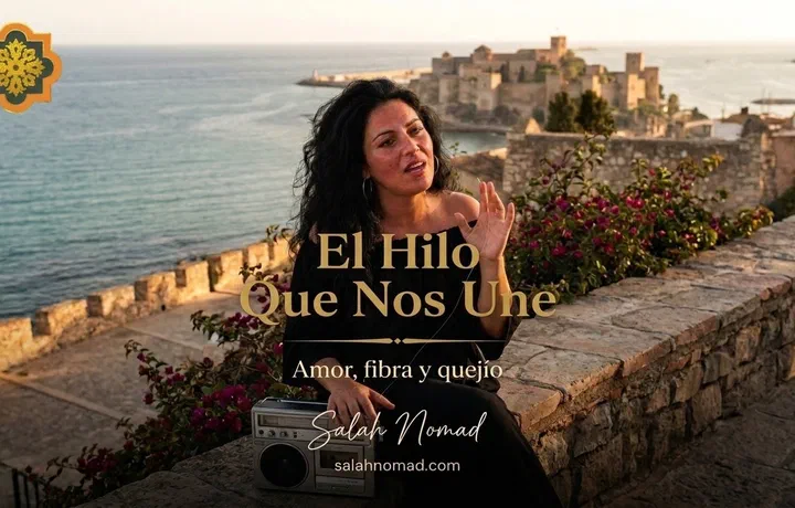 Cantaora flamenca gitana en una terraza andaluza al atardecer. A su lado, una radio Panasonic R-441B y un hilo de fibra óptica dorado entre sus dedos. …