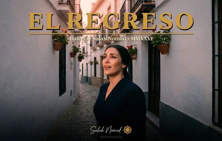 The official short film poster for El Regreso — the Andalusian cantaora at dawn in Málaga, with the title and credits in vintage typography.