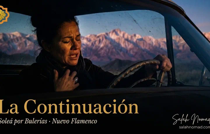 A flamenco cantaora mid-quejío, the Sierra Nevada glowing like vertebrae through a dusty windshield behind her.