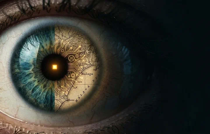 Extreme macro of a human eye looking right, its iris a hybrid of organic tissue and an ancient topographical map of the Málaga coastline, a single …