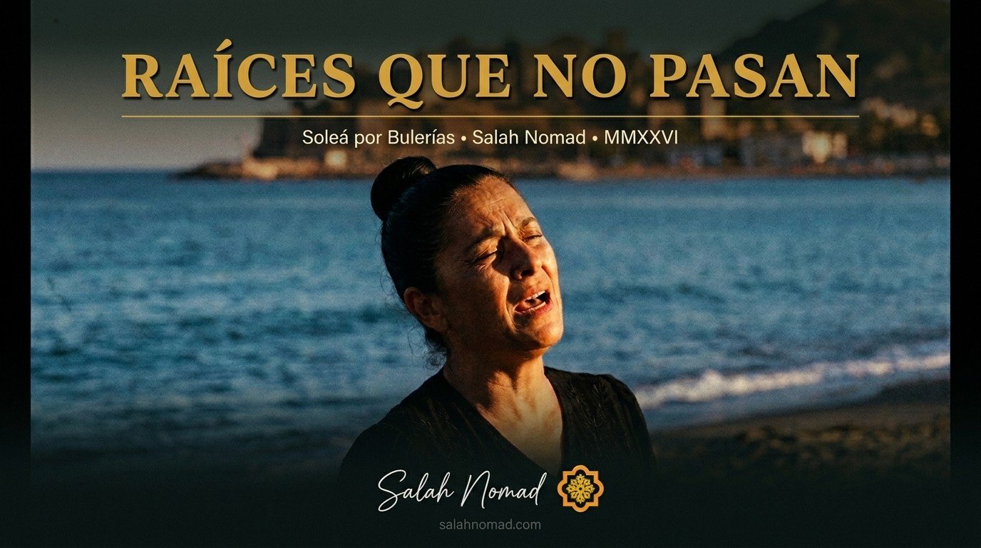 Vintage 1960s cinematic color photograph of a beautiful Andalusian flamenco cantaora mid-quejĂo, head tilted back, eyes closed, golden hour light, Málaga beach at dusk in background.