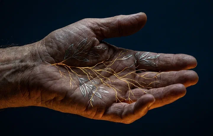 A weathered hand open palm up against a deep night blue background, fine luminous golden roots growing from the lifeline like fiber optics, tangling …