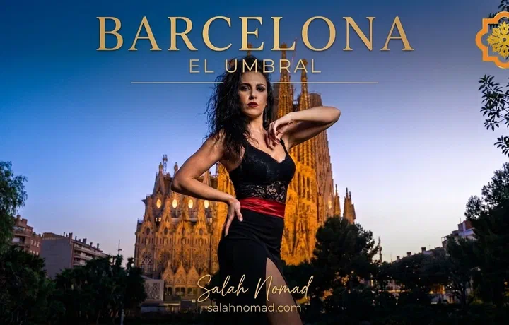 A flamenco singer in a black lace bodice, mid-song, with the Sagrada Familia visible far behind her under a deep indigo night sky.