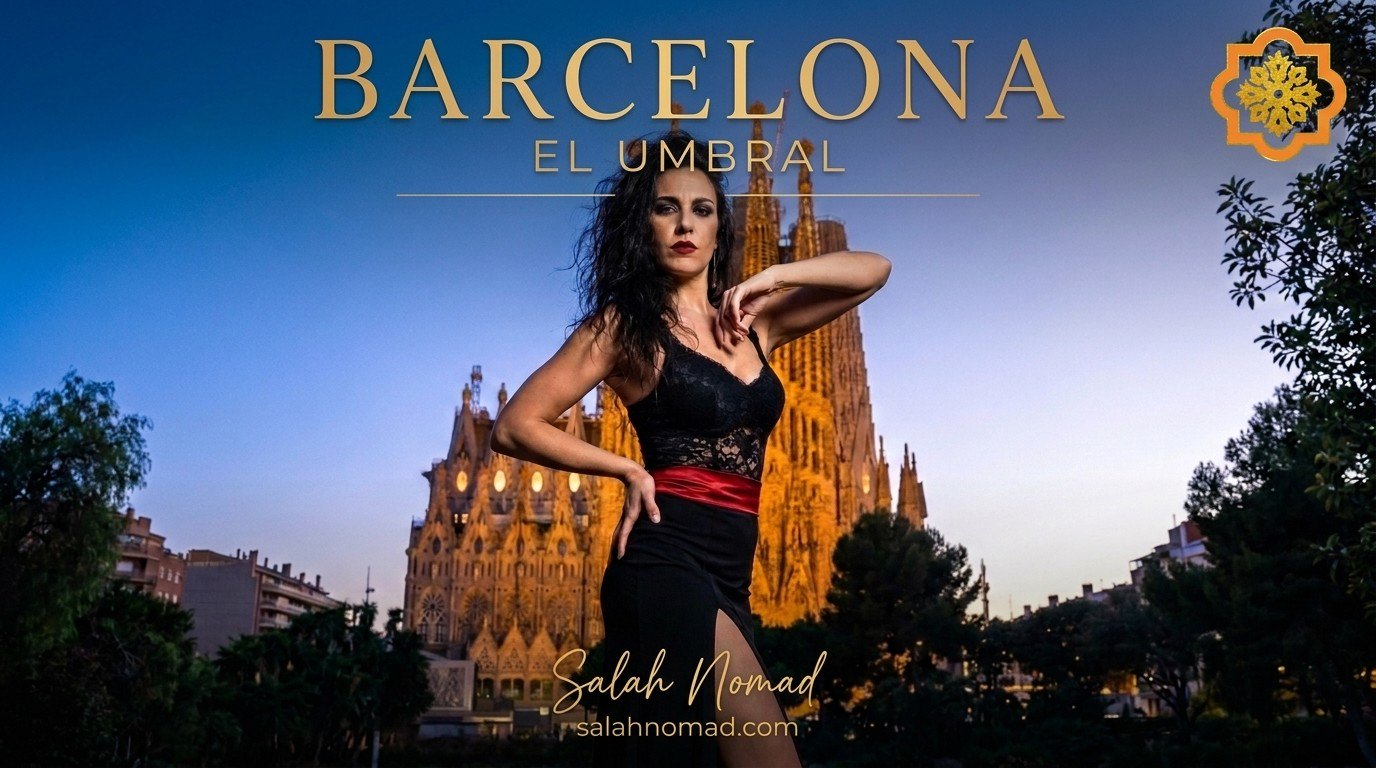 A flamenco singer in a black lace bodice, mid-song, with the Sagrada Familia visible far behind her under a deep indigo night sky.