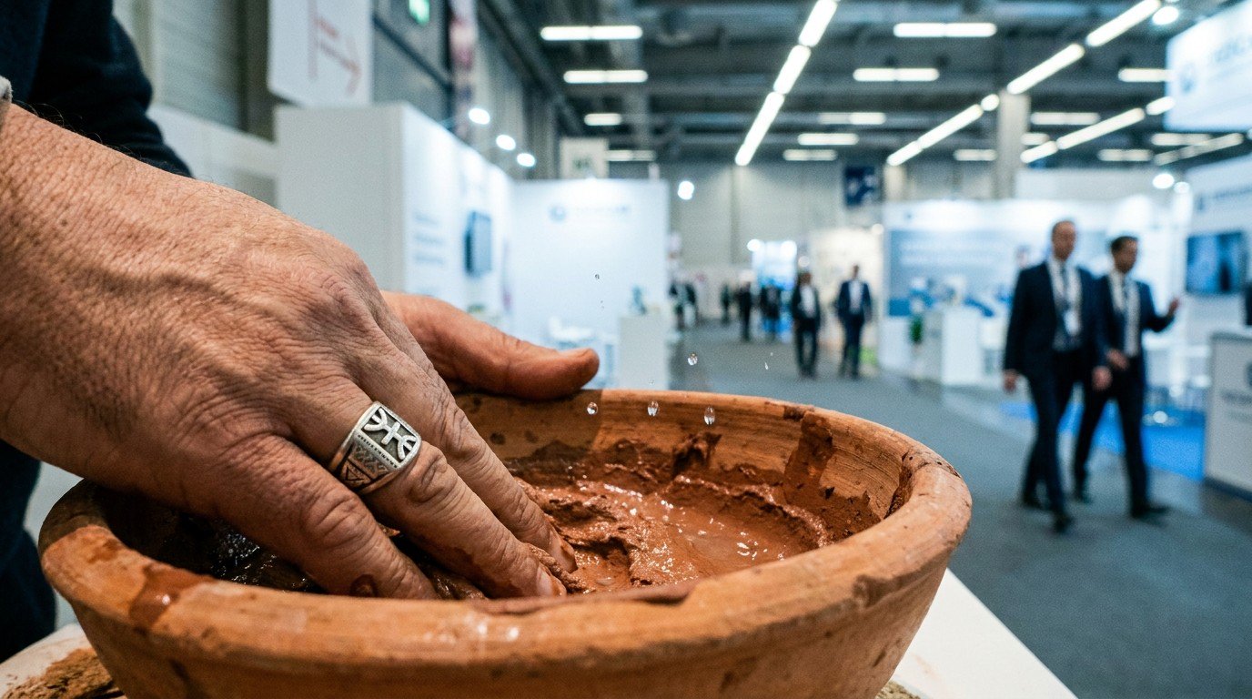 Extreme close-up of a rustic terra-cotta bowl with raw reddish-brown Ghassoul clay being mixed with rosewater. A pair of weathered male hands work the paste. The blurred background reveals the fluorescent-lit pavilions of a trade show.