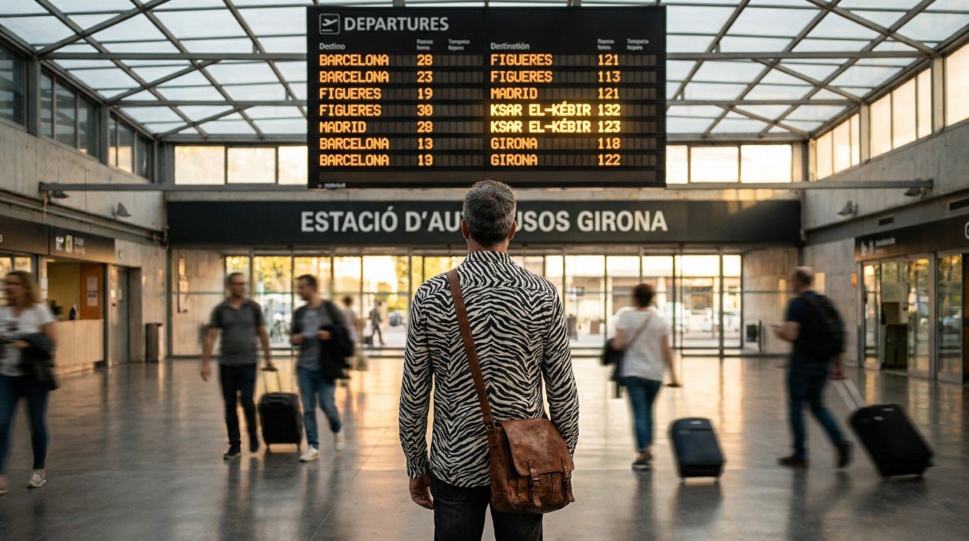 A digital departures board inside Girona bus station. Among European destination names, the entry 'Ksar El-Kébir' glows clearly. A man in a zebra-striped shirt stands motionless before it, seen from behind, a worn leather satchel hanging from his shoulder.