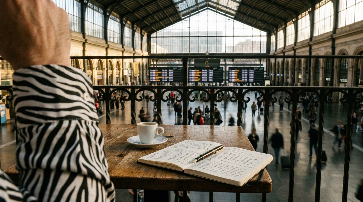 View from an upper terrace café at Barcelona-Sants station. A single espresso cup on a small table. An open Moleskine notebook with handwritten lines. Beyond the railing, the vast departure hall with its glass roof and rushing travelers. A zebra-striped sleeve at the edge of the frame.