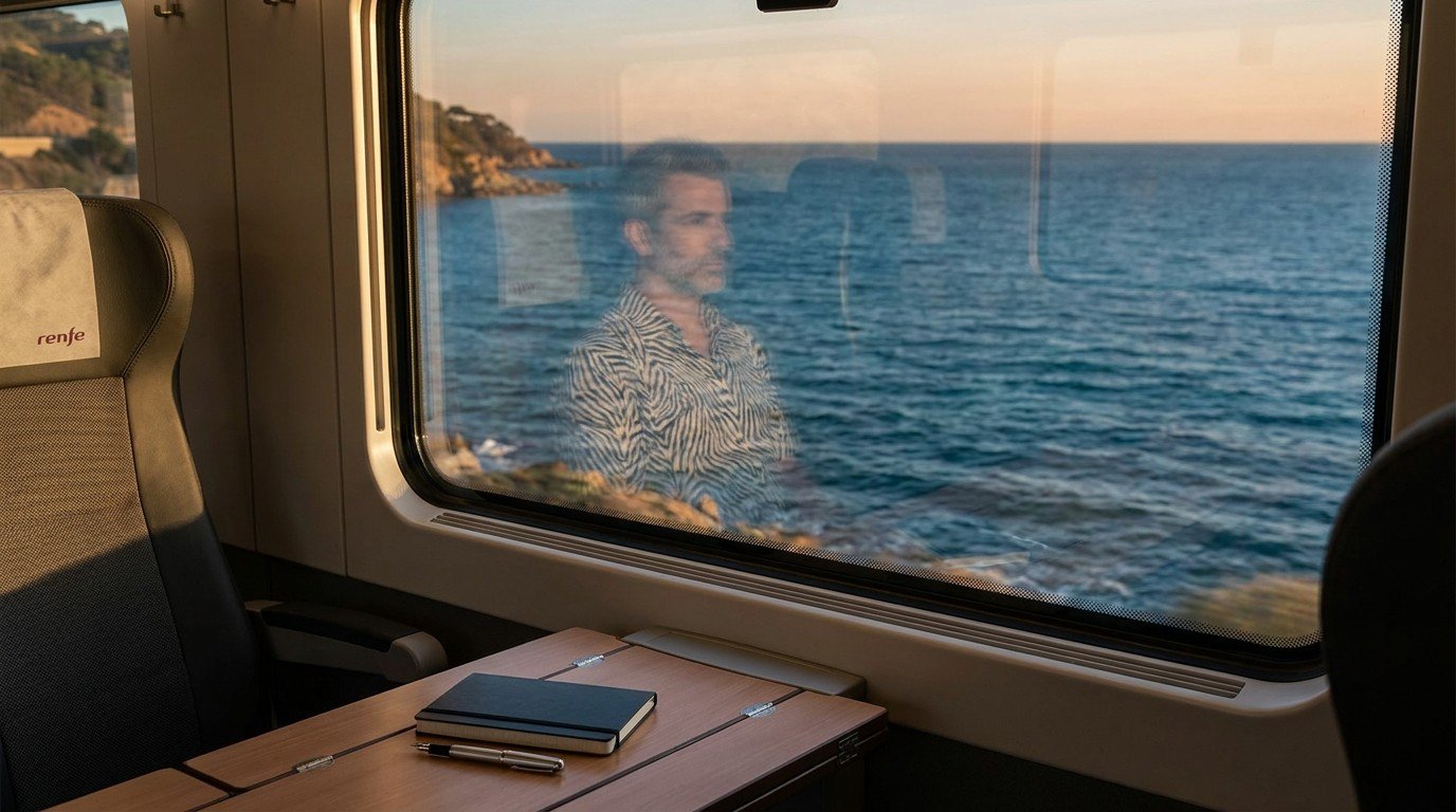 Inside a Renfe train heading south along the Catalan coast. Through the window, the blue Mediterranean Sea. A faint reflection of a man in a zebra-striped shirt in the glass. A closed Moleskine notebook on the tray table.