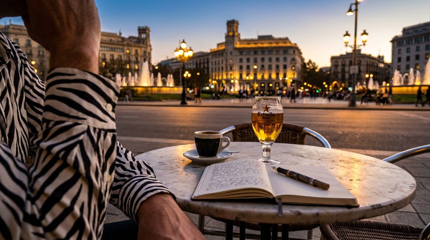 The same marble-topped table at Café Zurich, now in late afternoon. A cup of coffee and a glass of Estrella. An open Moleskine notebook with handwritten lines. Plaça Catalunya beyond, bathed in golden light, long shadows stretching from the fountains.