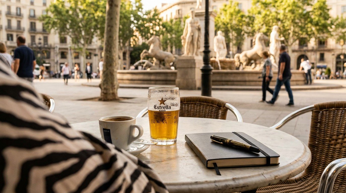 View from a marble-topped table on the terrace of Café Zurich, Plaça Catalunya. A cup of black coffee and a glass of Estrella beer in the foreground. Beyond, the grand fountains and neoclassical statues of the square in soft morning light.