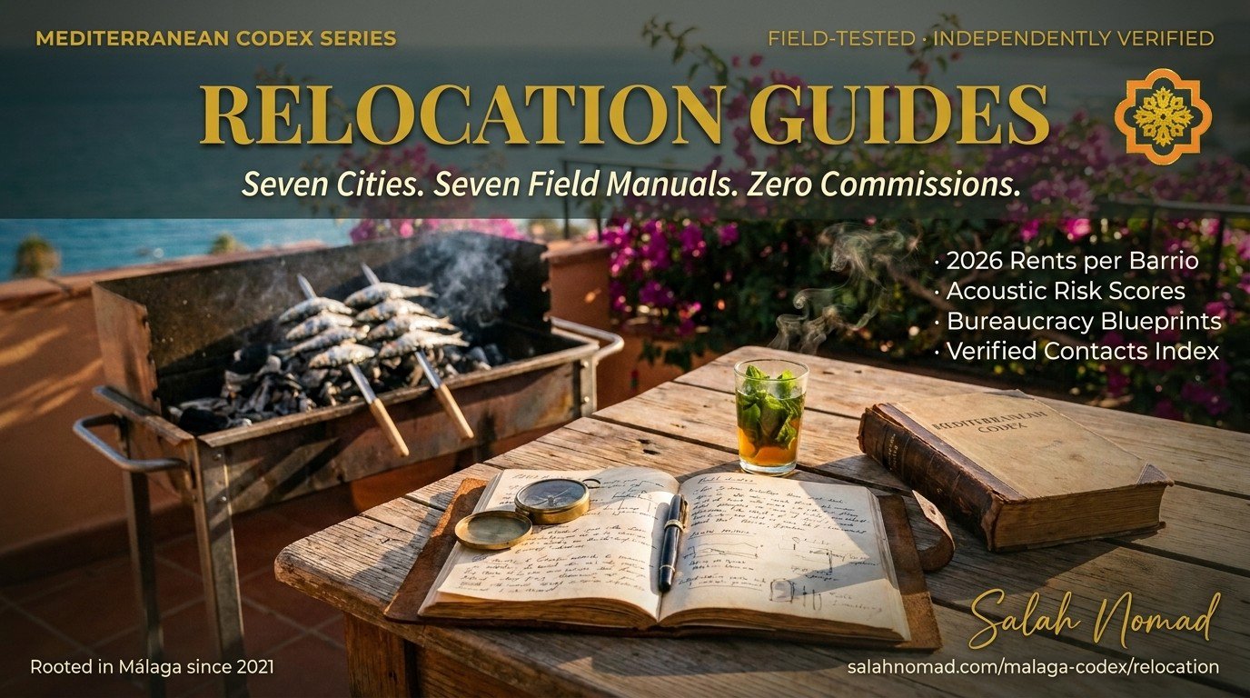 A sunlit wooden table on a Málaga terrace overlooking the Mediterranean, holding a steaming coffee, an open notebook, and a printed copy of the Mediterranean Codex.