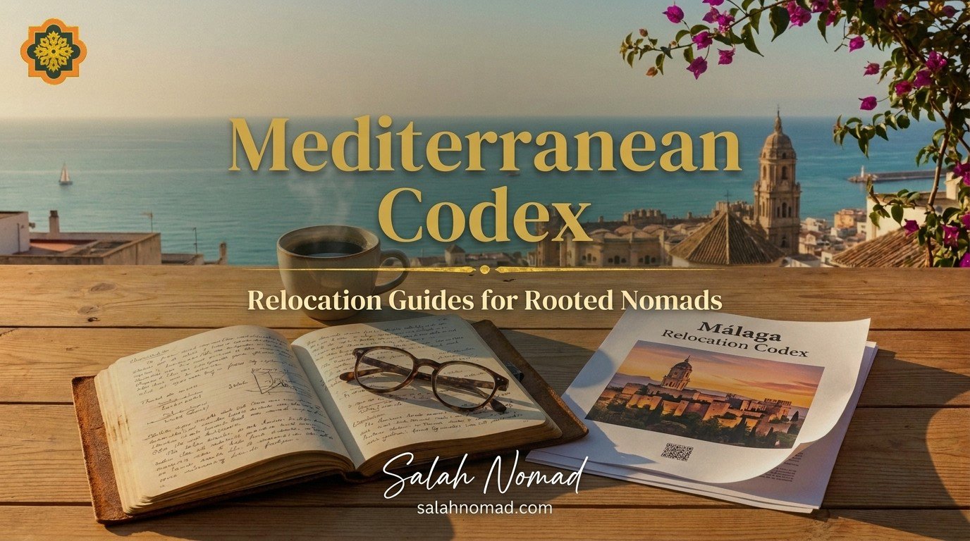 A sunlit wooden table on a Málaga terrace overlooking the Mediterranean, with coffee, a notebook, and the Málaga Relocation Codex.