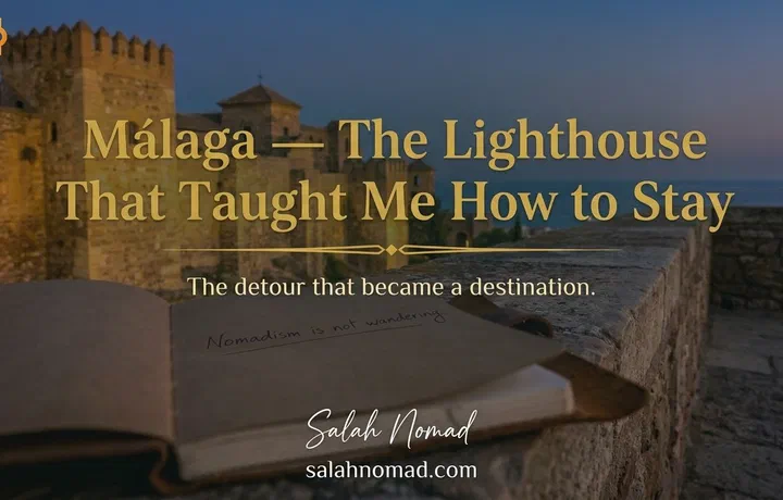 The Alcazaba of Málaga at sunset, ochre stone glowing against the Mediterranean. A Moleskine notebook lies open on a stone parapet, inscribed with a …