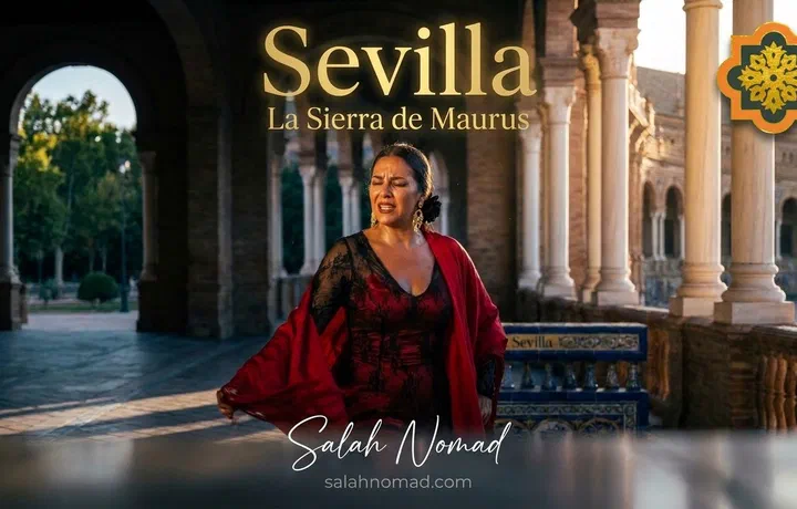 A seductive flamenco cantaora in a black lace gown under a mudéjar arch at Plaza de España, Seville, golden hour light, Voz Afillá intensity.