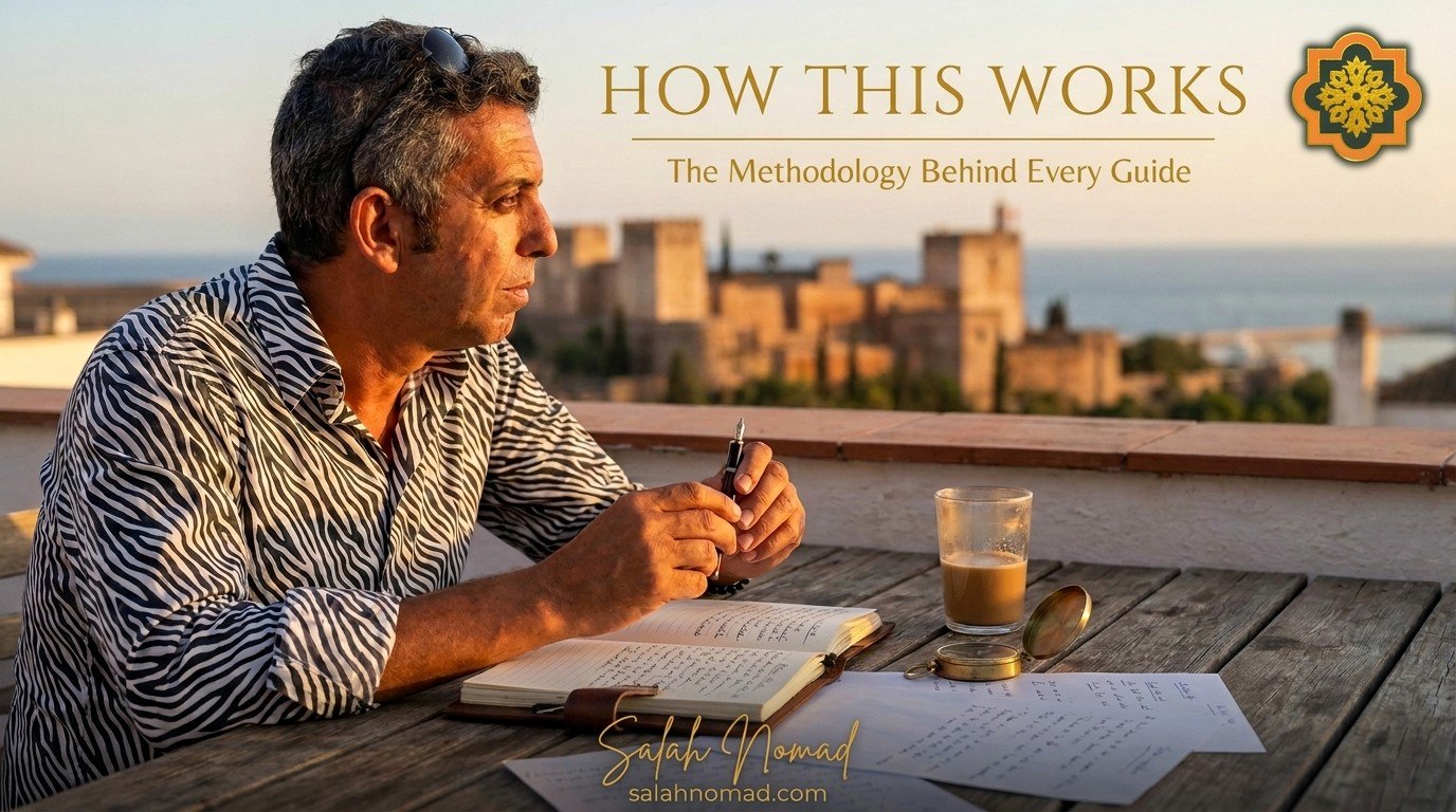 A worn leather notebook, a brass compass, and a fountain pen on a wooden table overlooking the Mediterranean — the tools of field intelligence.