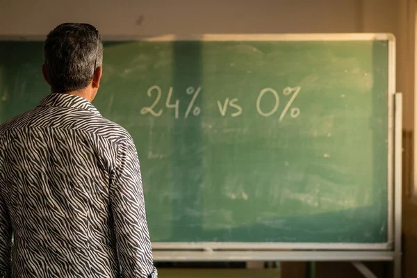 Salah Nomad seen from behind, zebra-striped shirt, standing before a vintage map of Europe