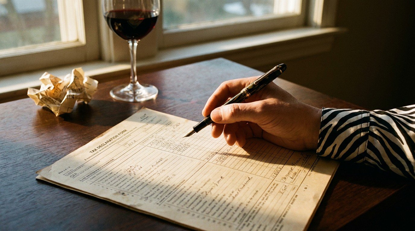 A hand holding a vintage fountain pen hovering over an open tax declaration form on a dark wooden desk, with a zebra-striped shirt cuff visible at the wrist — the weight of a fiscal decision